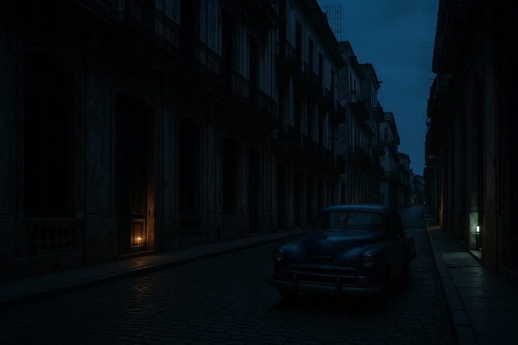 Gasse in der Altstadt von Havanna in der Abenddämmerung während eines Stromausfalls, dunkle Kolonialfassaden und ein parkender Oldtimer