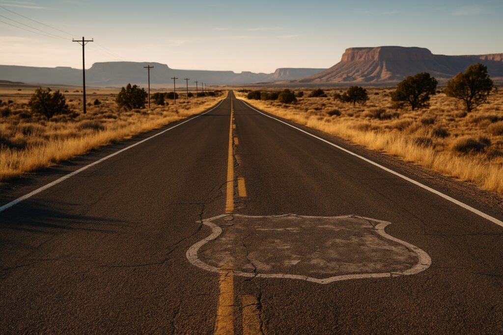 Leere historische Landstraße der Route 66 durch die Hochwüste im Norden Arizonas im Herbstlicht