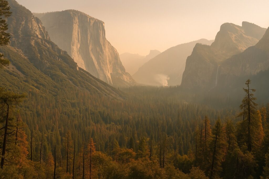 Yosemite Valley mit El Capitan und Half Dome im Dunst des Dome Fire